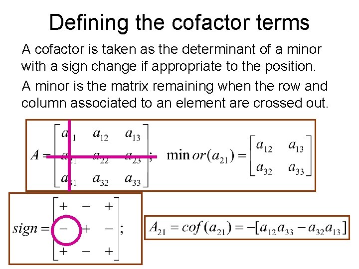 Defining the cofactor terms A cofactor is taken as the determinant of a minor