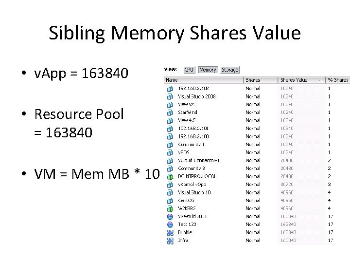 Sibling Memory Shares Value • v. App = 163840 • Resource Pool = 163840