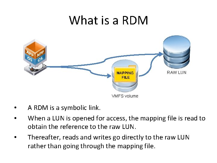 What is a RDM RAW LUN VMFS volume • • • A RDM is
