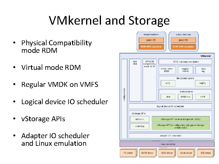 VMkernel and Storage • Physical Compatibility mode RDM • Virtual mode RDM • Regular