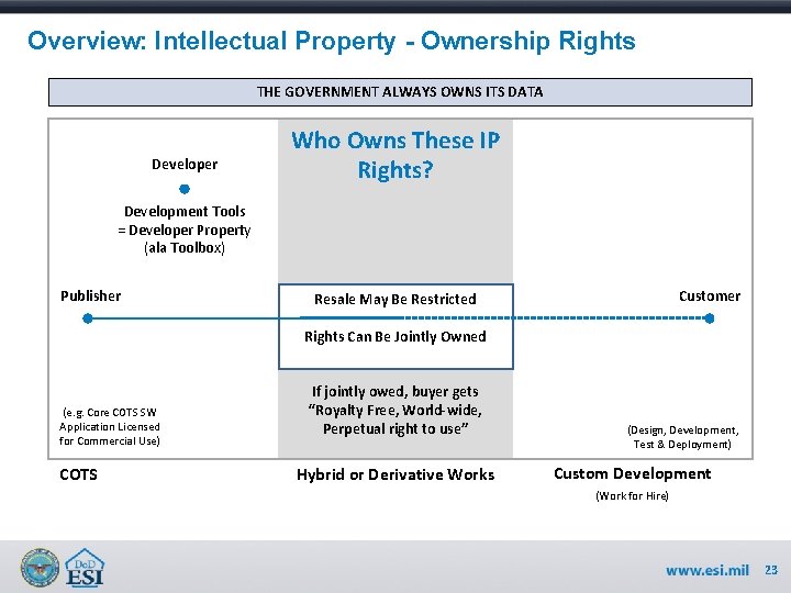 Overview: Intellectual Property - Ownership Rights THE GOVERNMENT ALWAYS OWNS ITS DATA Developer Who