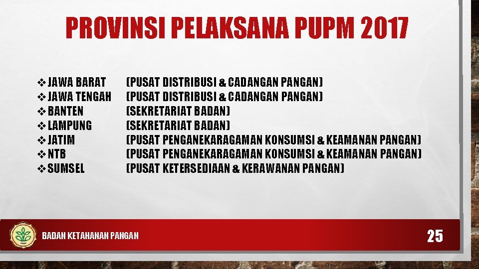 PROVINSI PELAKSANA PUPM 2017 JAWA BARAT JAWA TENGAH BANTEN LAMPUNG JATIM NTB SUMSEL (PUSAT