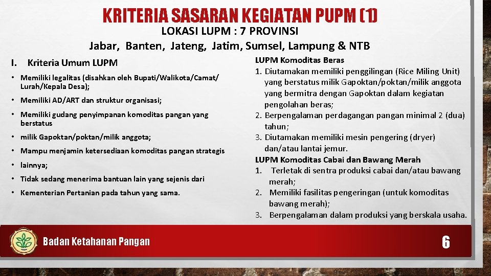 KRITERIA SASARAN KEGIATAN PUPM (1) LOKASI LUPM : 7 PROVINSI Jabar, Banten, Jateng, Jatim,