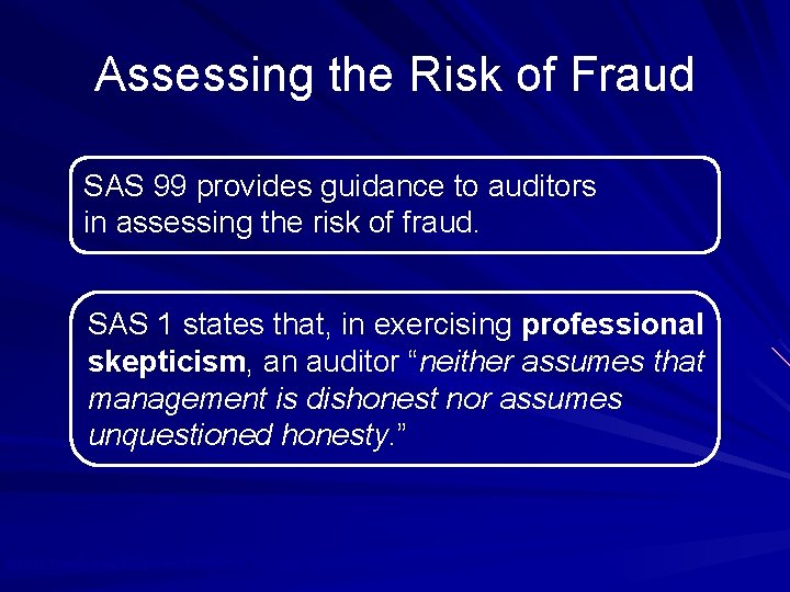 Assessing the Risk of Fraud SAS 99 provides guidance to auditors in assessing the