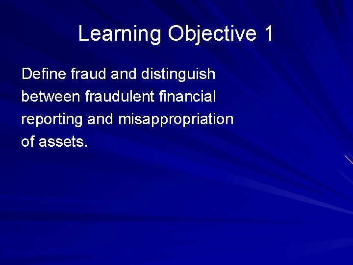 Learning Objective 1 Define fraud and distinguish between fraudulent financial reporting and misappropriation of