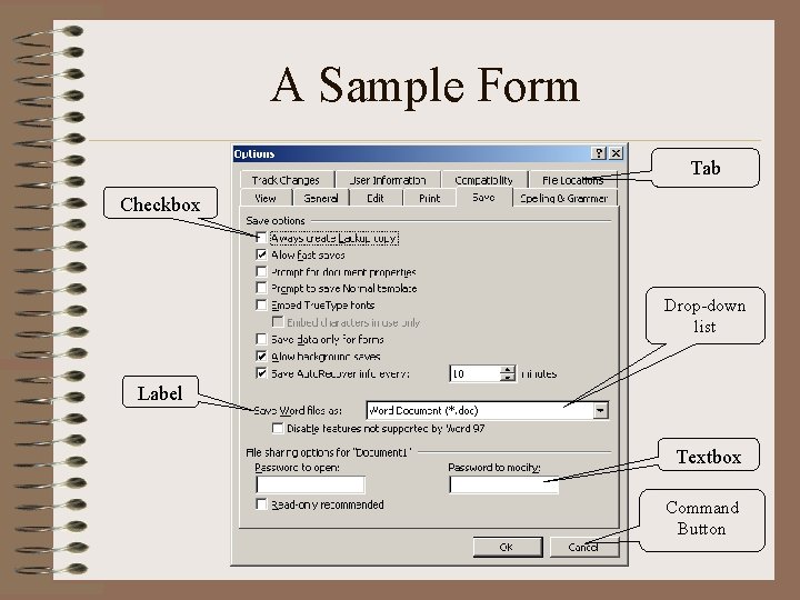 A Sample Form Tab Checkbox Drop-down list Label Textbox Command Button 