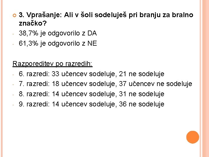  - 3. Vprašanje: Ali v šoli sodeluješ pri branju za bralno značko? 38,