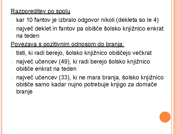 Razporeditev po spolu - kar 10 fantov je izbralo odgovor nikoli (dekleta so le