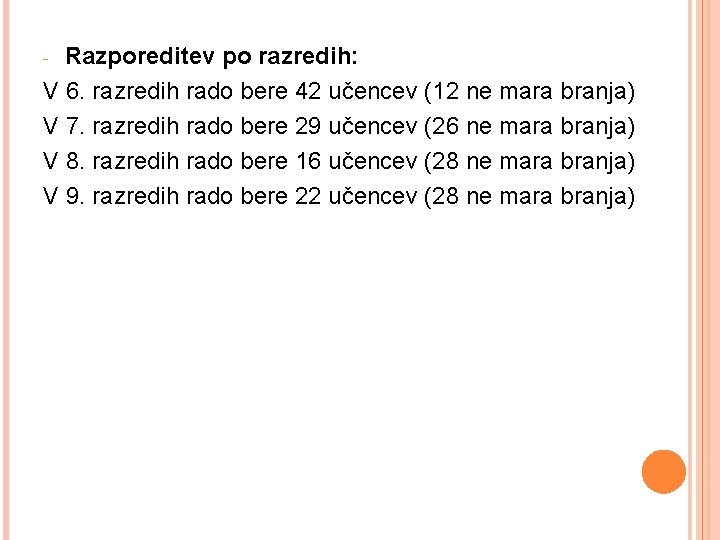 Razporeditev po razredih: V 6. razredih rado bere 42 učencev (12 ne mara branja)