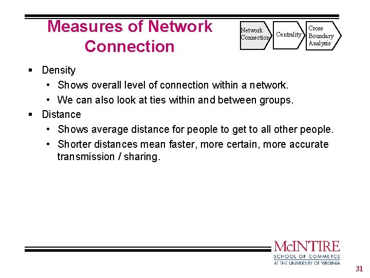 Measures of Network Connection Centrality Cross Boundary Analysis § Density • Shows overall level