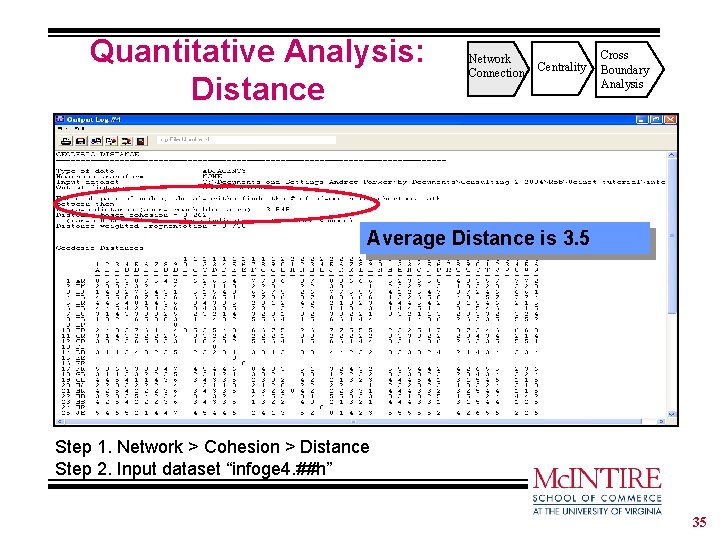 Quantitative Analysis: Distance Network Connection Centrality Cross Boundary Analysis Average Distance is 3. 5