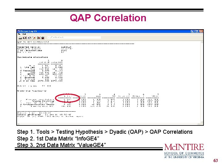 QAP Correlation Step 1. Tools > Testing Hypothesis > Dyadic (QAP) > QAP Correlations