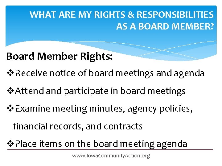 WHAT ARE MY RIGHTS & RESPONSIBILITIES AS A BOARD MEMBER? Board Member Rights: v.