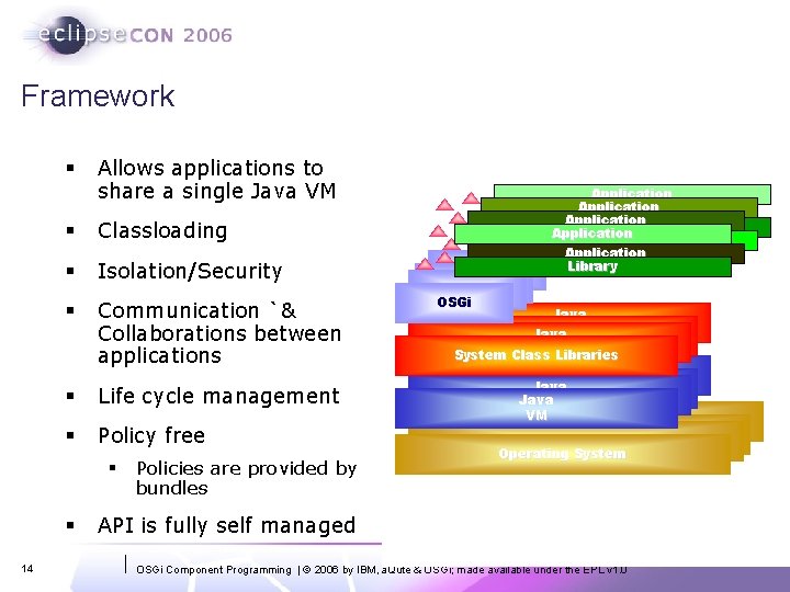 Framework § Allows applications to share a single Java VM § Classloading § Isolation/Security