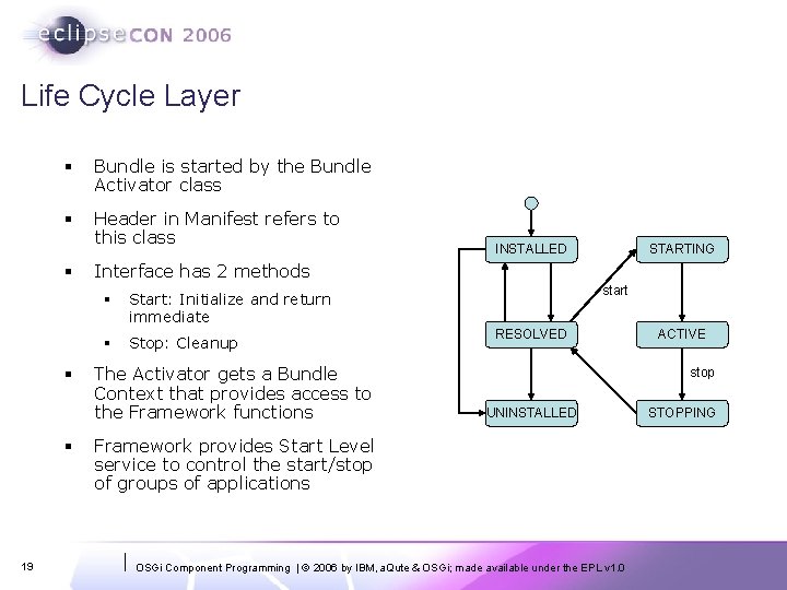 Life Cycle Layer § Bundle is started by the Bundle Activator class § Header