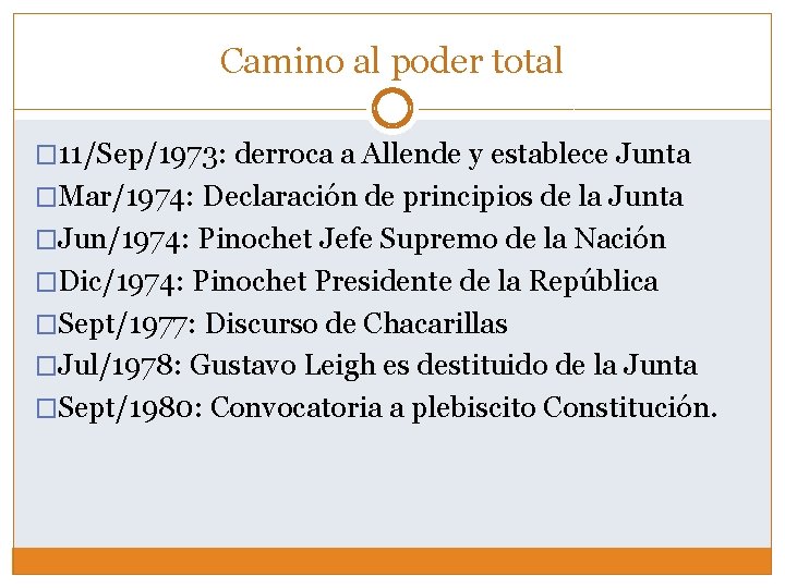 Camino al poder total � 11/Sep/1973: derroca a Allende y establece Junta �Mar/1974: Declaración