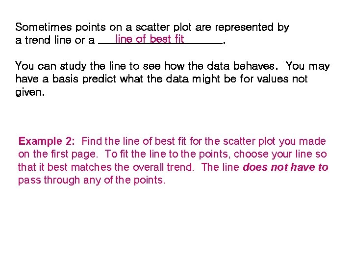 Sometimes points on a scatter plot are represented by line of best fit a