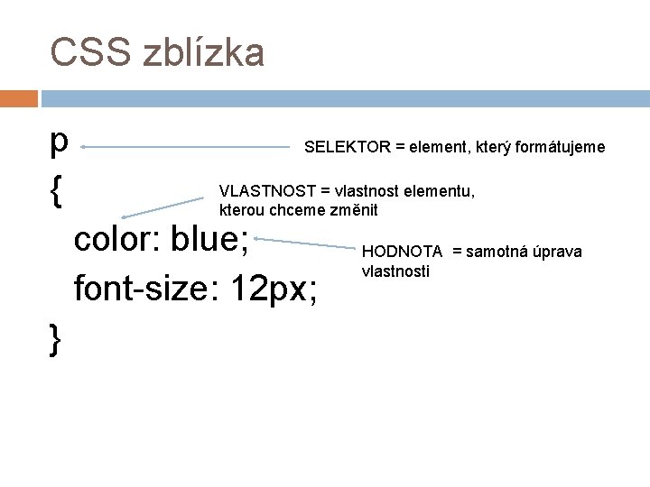 CSS zblízka p { SELEKTOR = element, který formátujeme VLASTNOST = vlastnost elementu, kterou