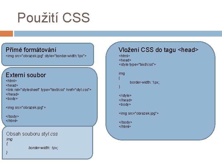 Použití CSS Přímé formátování Vložení CSS do tagu <head> <img src="obrazek. jpg" style="border-width: 1