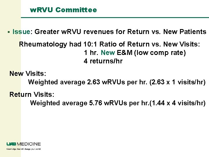 w. RVU Committee § Issue: Greater w. RVU revenues for Return vs. New Patients