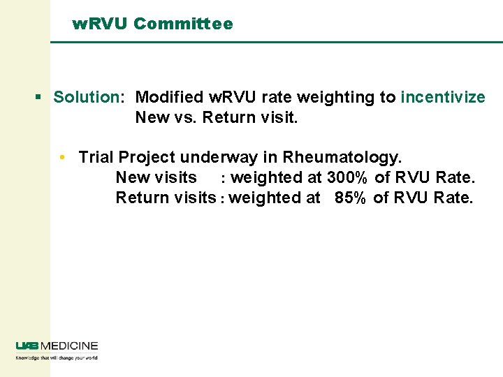 w. RVU Committee § Solution: Modified w. RVU rate weighting to incentivize New vs.