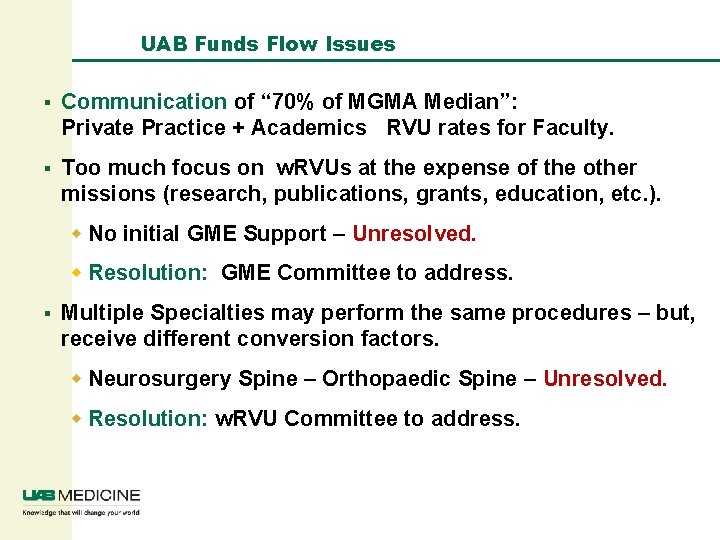 UAB Funds Flow Issues § Communication of “ 70% of MGMA Median”: Private Practice