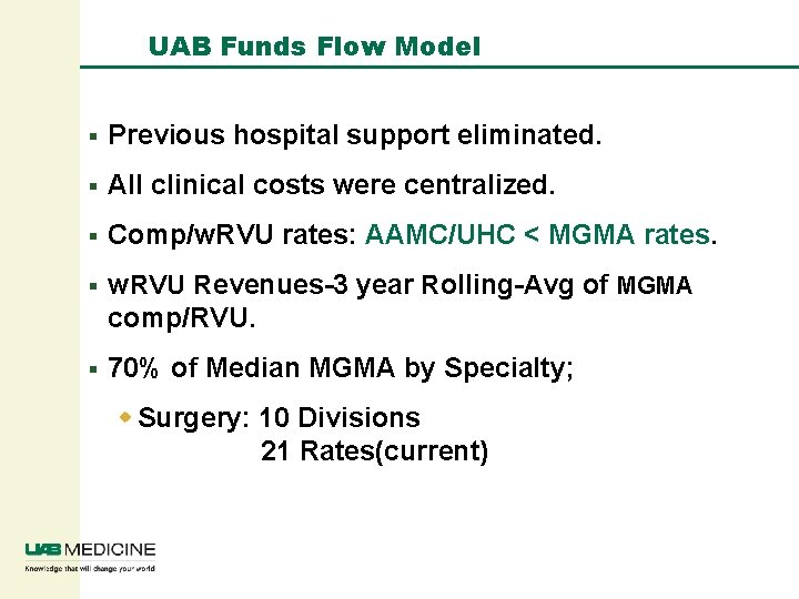 UAB Funds Flow Model § Previous hospital support eliminated. § All clinical costs were