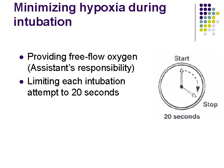 Minimizing hypoxia during intubation l l Providing free-flow oxygen (Assistant’s responsibility) Limiting each intubation