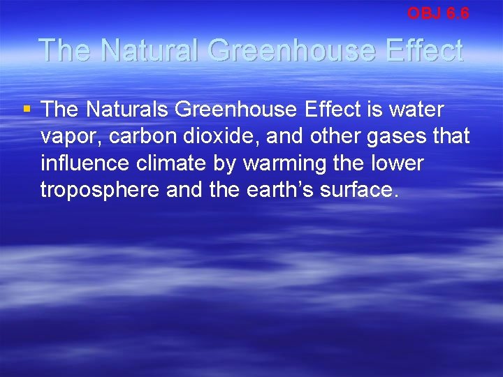 OBJ 6. 6 The Natural Greenhouse Effect § The Naturals Greenhouse Effect is water