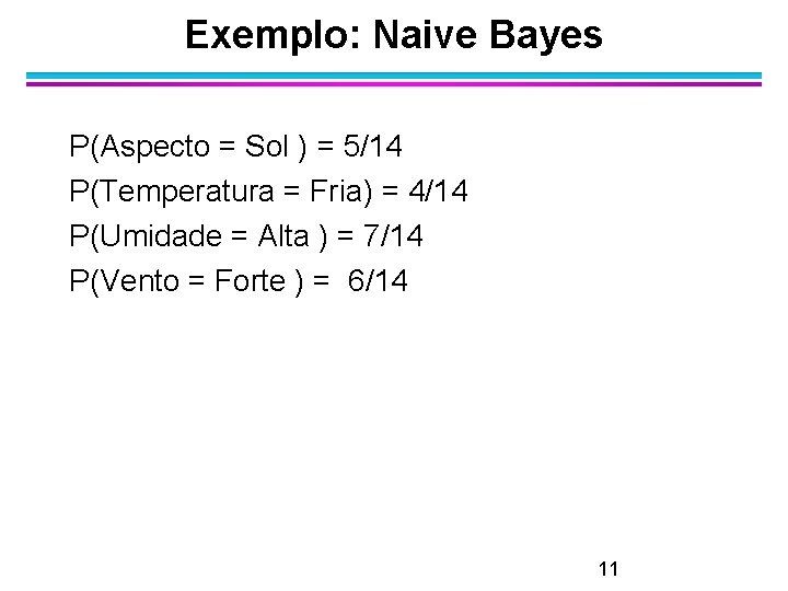 Exemplo: Naive Bayes P(Aspecto = Sol ) = 5/14 P(Temperatura = Fria) = 4/14