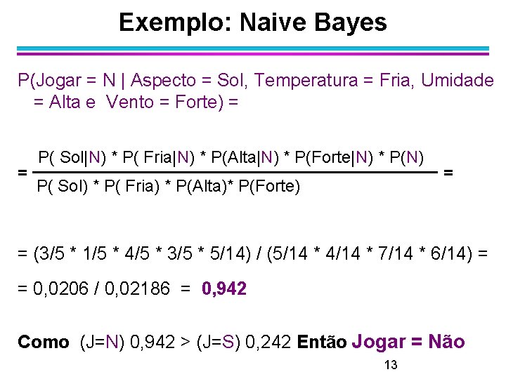 Exemplo: Naive Bayes P(Jogar = N | Aspecto = Sol, Temperatura = Fria, Umidade