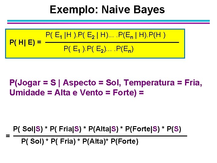 Exemplo: Naive Bayes P( H| E) = P( E 1 |H ). P( E