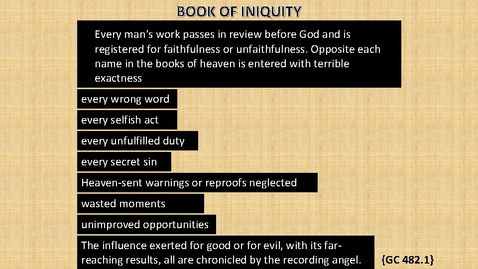 BOOK OF INIQUITY Every man's work passes in review before God and is registered
