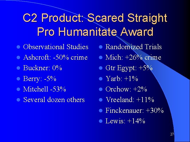 C 2 Product: Scared Straight Pro Humanitate Award l l l Observational Studies Ashcroft:
