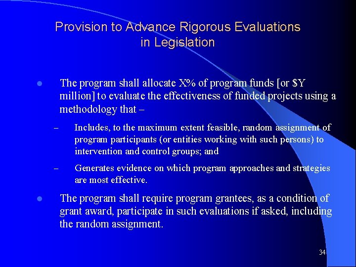 Provision to Advance Rigorous Evaluations in Legislation The program shall allocate X% of program