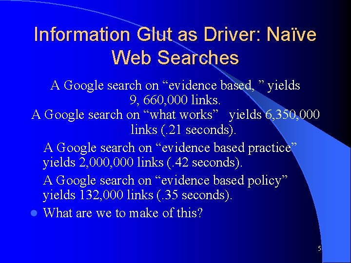 Information Glut as Driver: Naïve Web Searches A Google search on “evidence based, ”