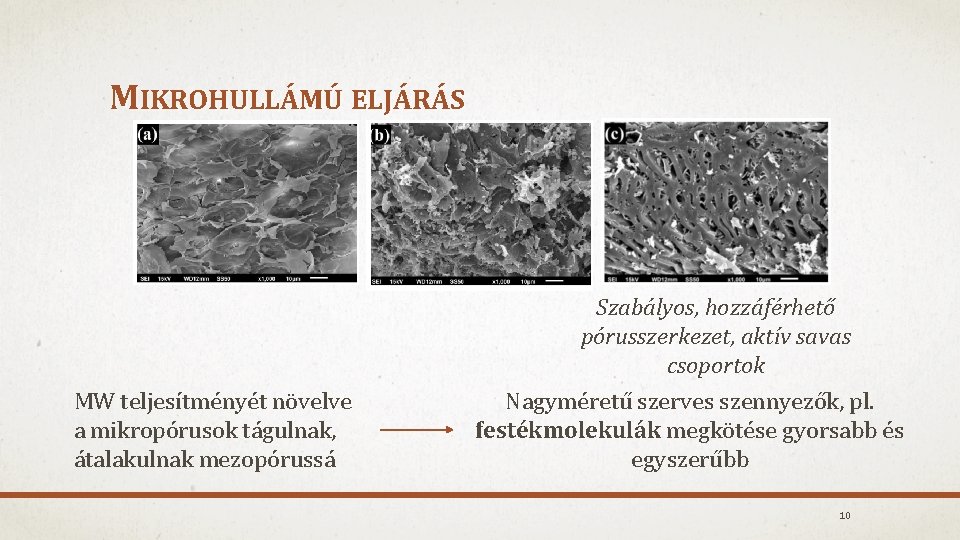 MIKROHULLÁMÚ ELJÁRÁS Szabályos, hozzáférhető pórusszerkezet, aktív savas csoportok MW teljesítményét növelve a mikropórusok tágulnak,