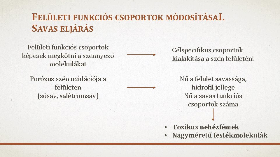 FELÜLETI FUNKCIÓS CSOPORTOK MÓDOSÍTÁSA I. SAVAS ELJÁRÁS Felületi funkciós csoportok képesek megkötni a szennyező