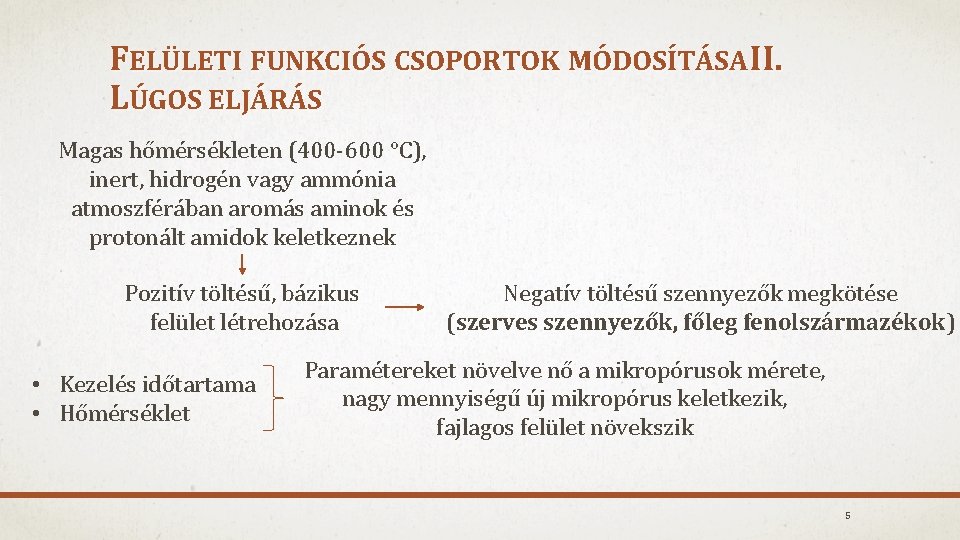 FELÜLETI FUNKCIÓS CSOPORTOK MÓDOSÍTÁSA II. LÚGOS ELJÁRÁS Magas hőmérsékleten (400 -600 °C), inert, hidrogén