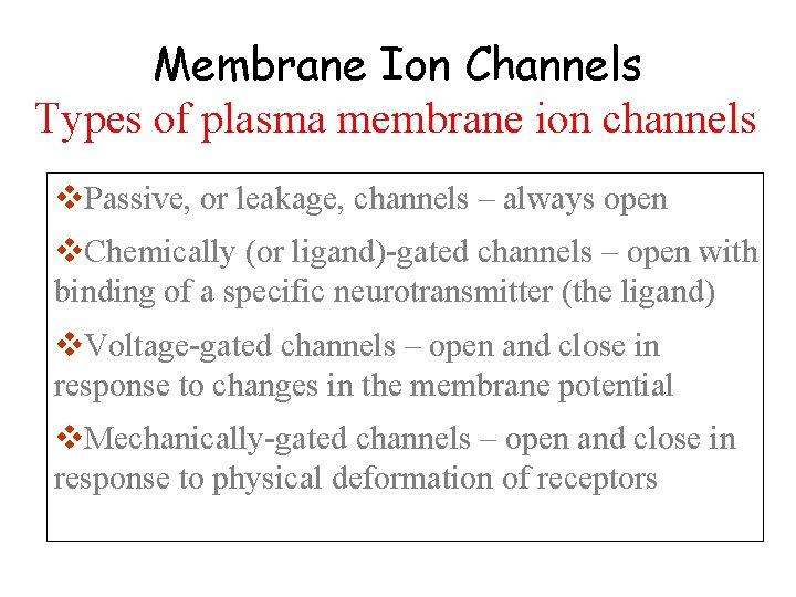 Membrane Ion Channels Types of plasma membrane ion channels v. Passive, or leakage, channels Membrane Ion Channels Types of plasma membrane ion channels v. Passive, or leakage, channels