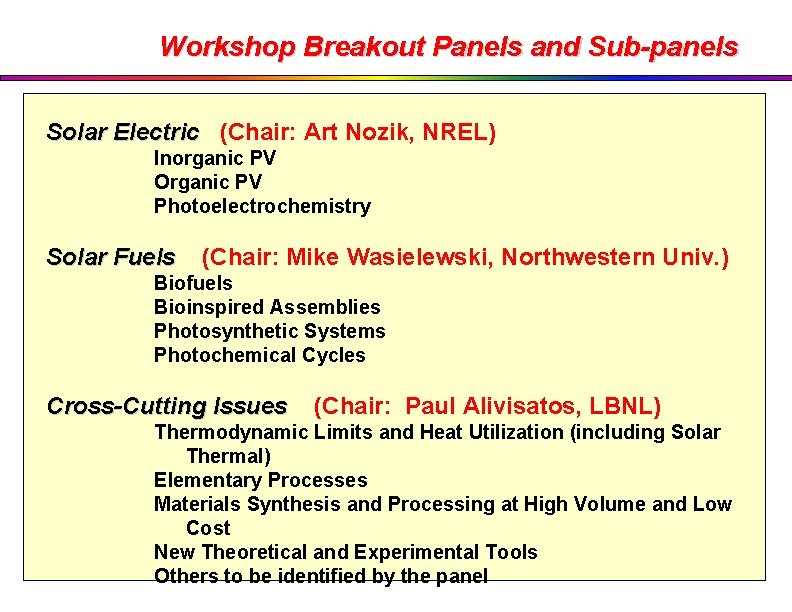 Workshop Breakout Panels and Sub-panels Solar Electric (Chair: Art Nozik, NREL) Inorganic PV Organic