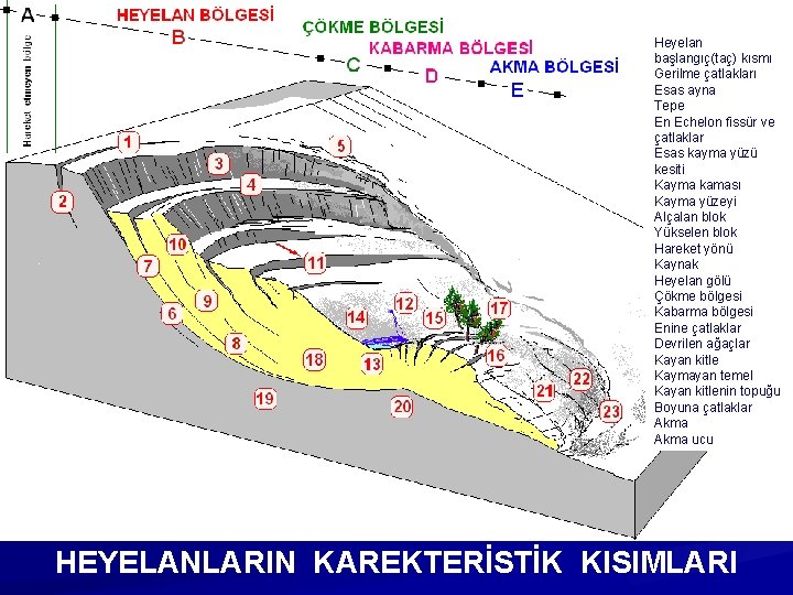 Heyelan başlangıç(taç) kısmı Gerilme çatlakları Esas ayna Tepe En Echelon fissür ve çatlaklar Esas