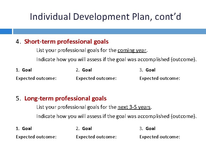 Individual Development Plan, cont’d 4. Short-term professional goals List your professional goals for the