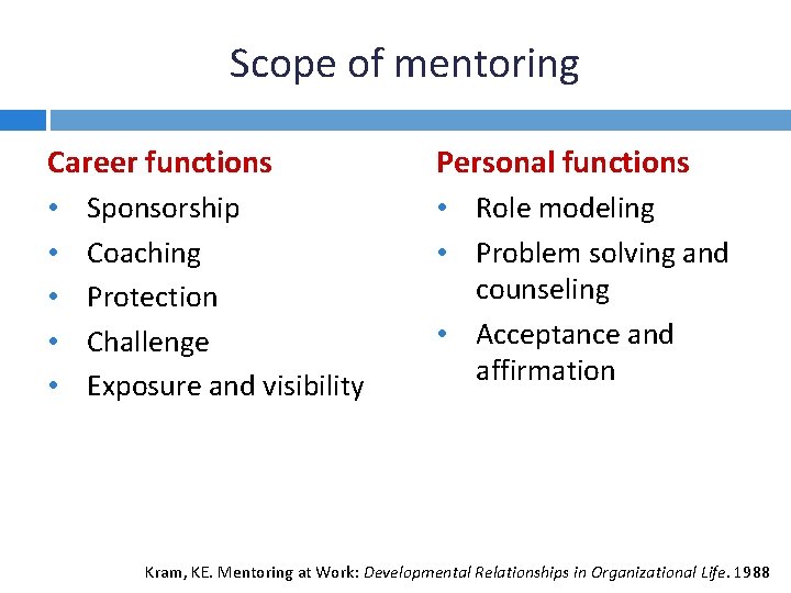Scope of mentoring Career functions • • • Sponsorship Coaching Protection Challenge Exposure and