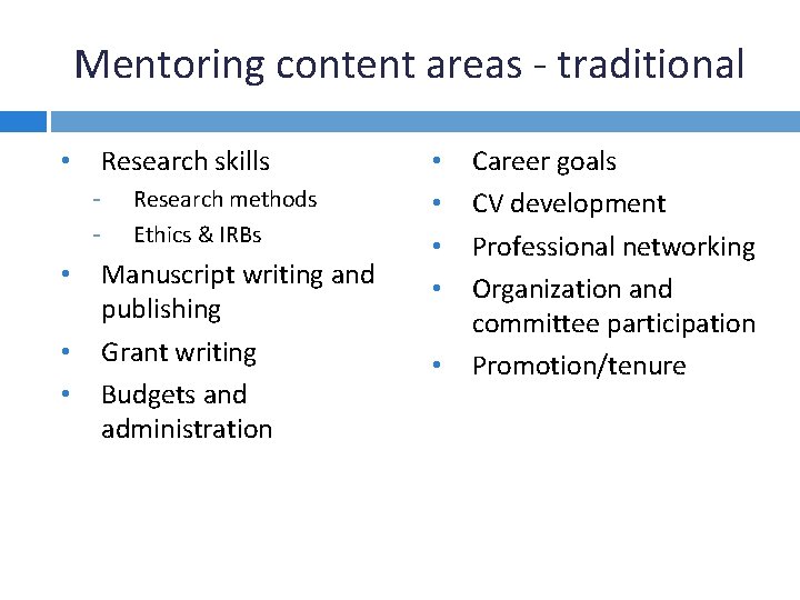 Mentoring content areas - traditional • Research skills - • • • Research methods