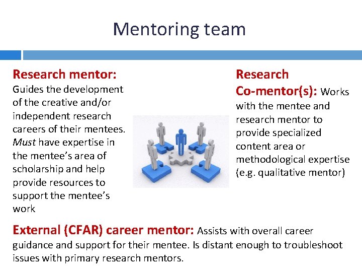 Mentoring team Research mentor: Guides the development of the creative and/or independent research careers