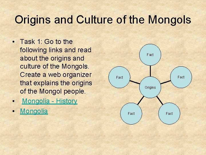 Origins and Culture of the Mongols • Task 1: Go to the following links Origins and Culture of the Mongols • Task 1: Go to the following links