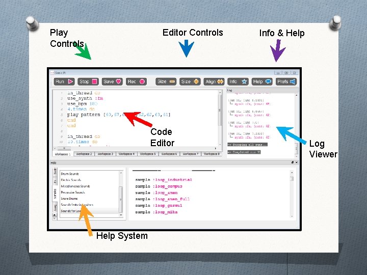 Editor Controls Play Controls Code Editor Help System Info & Help Log Viewer 