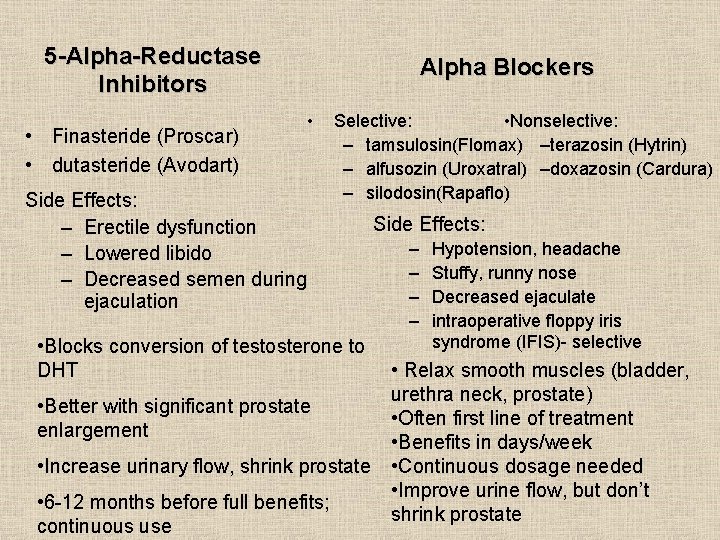 5 -Alpha-Reductase Inhibitors • Finasteride (Proscar) • dutasteride (Avodart) Side Effects: – Erectile dysfunction