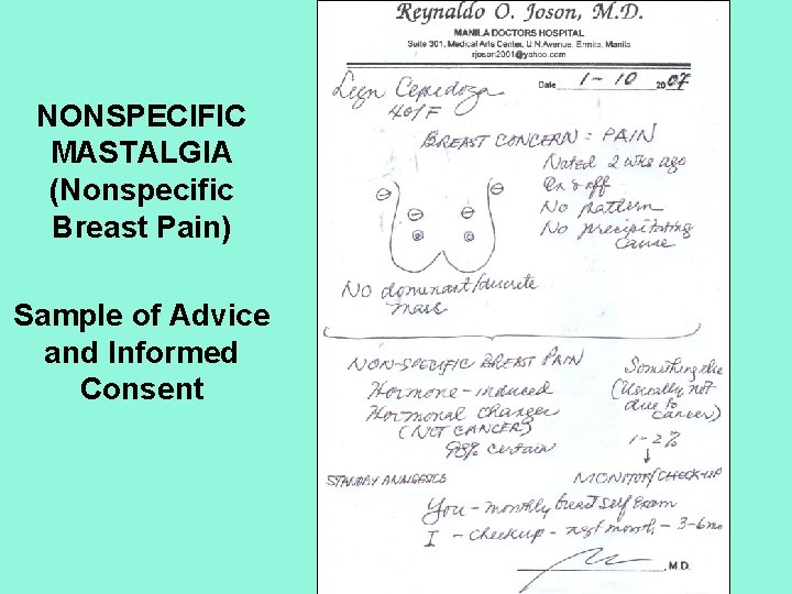 NONSPECIFIC MASTALGIA (Nonspecific Breast Pain) Sample of Advice and Informed Consent 